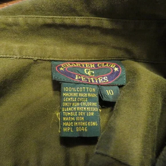 Vintage Charter Club Petites Olive Green Utility Shirt Dress | Size 10P xs/s - Picture 5 of 5
